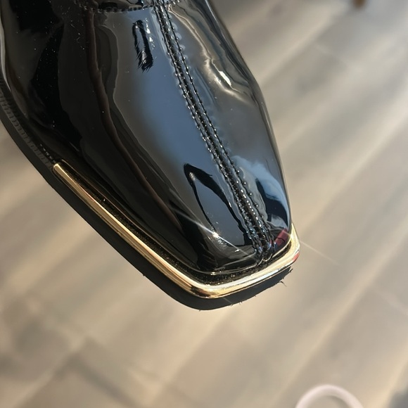 Faux Patent Leather Square Metal Toe Mid Calf Thick High Heels Go Go Boots - Picture 5 of 16